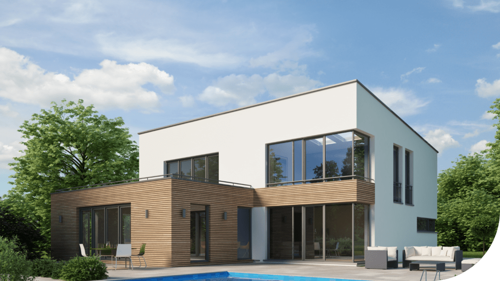 Maison cubique d'architecte avec terrasse et piscine