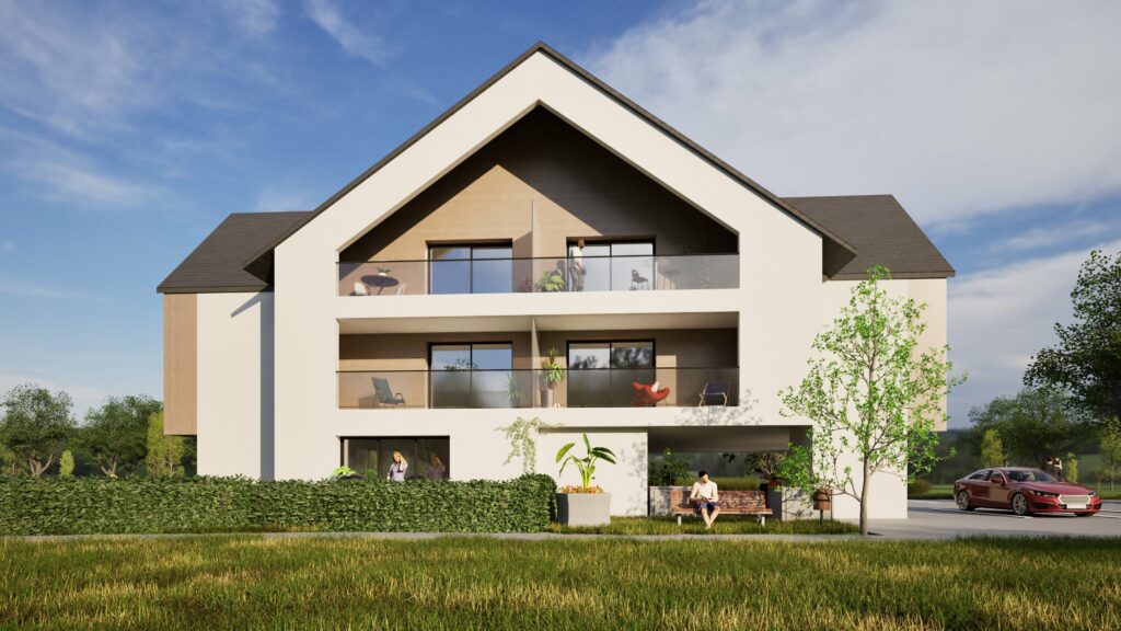 Immeuble résidentiel contemporain à deux étages avec grandes terrasses, façade claire et jardin paysager