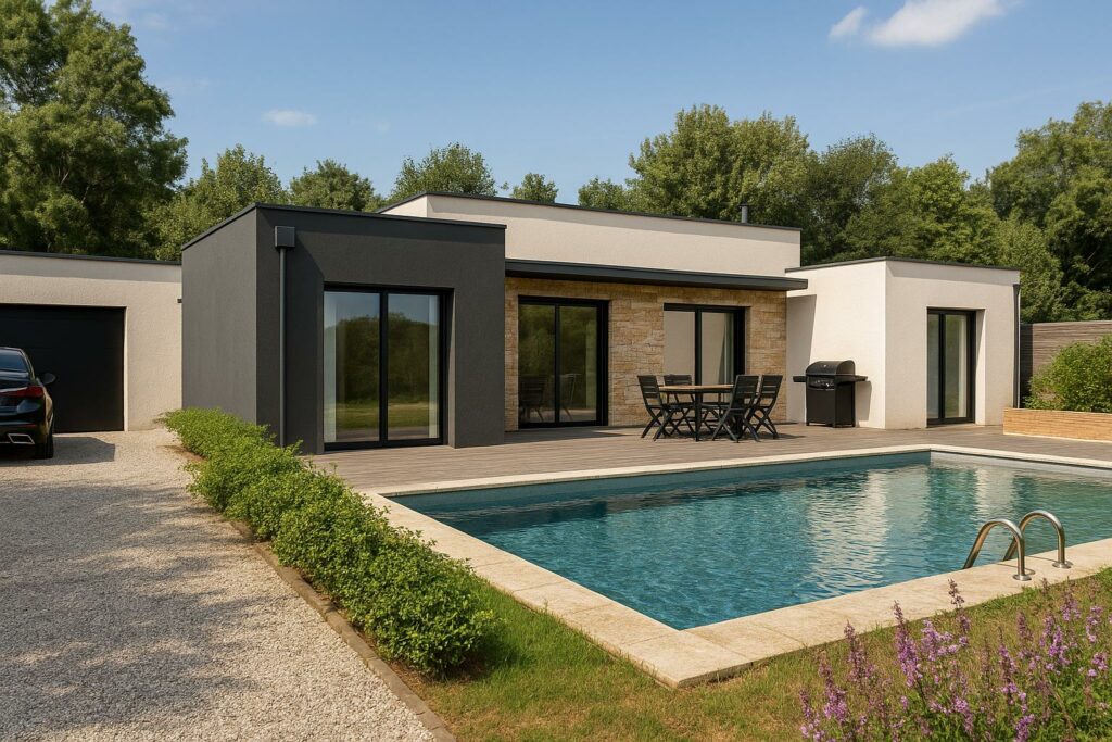 Plans de maison d'architecte blanche et noire avec une terrasse et une piscine.