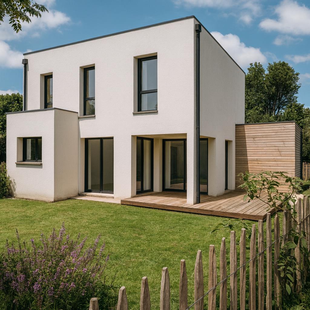 Maison d'architecte blanche avec terrasse en bois et de grandes ouverture sur le jardin.