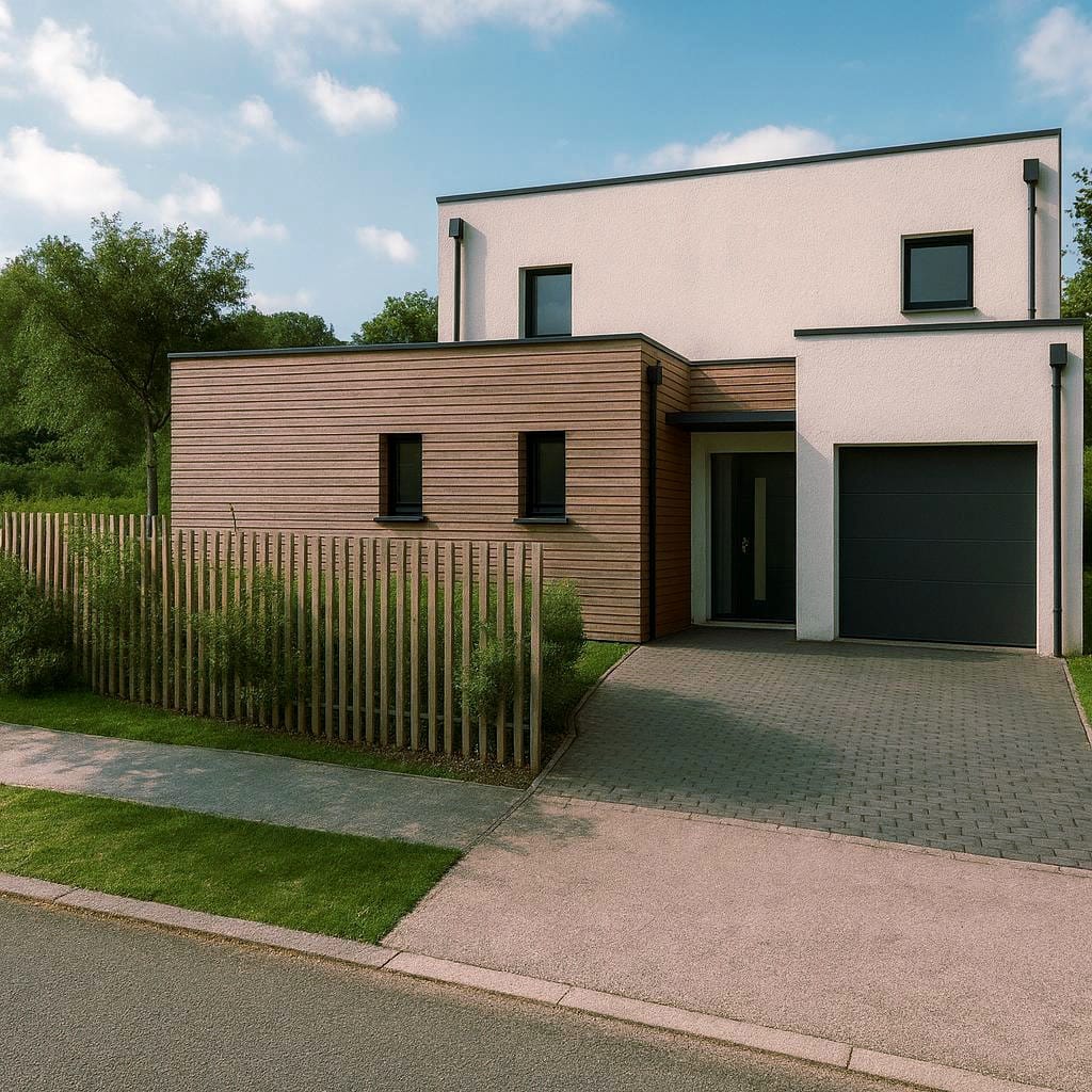 Plans de maison d'architecte blanche et bois.